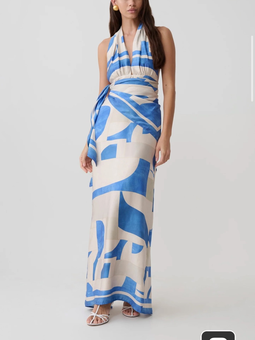 Meshki Blue and Cream Halter Wrap Maxi Dress